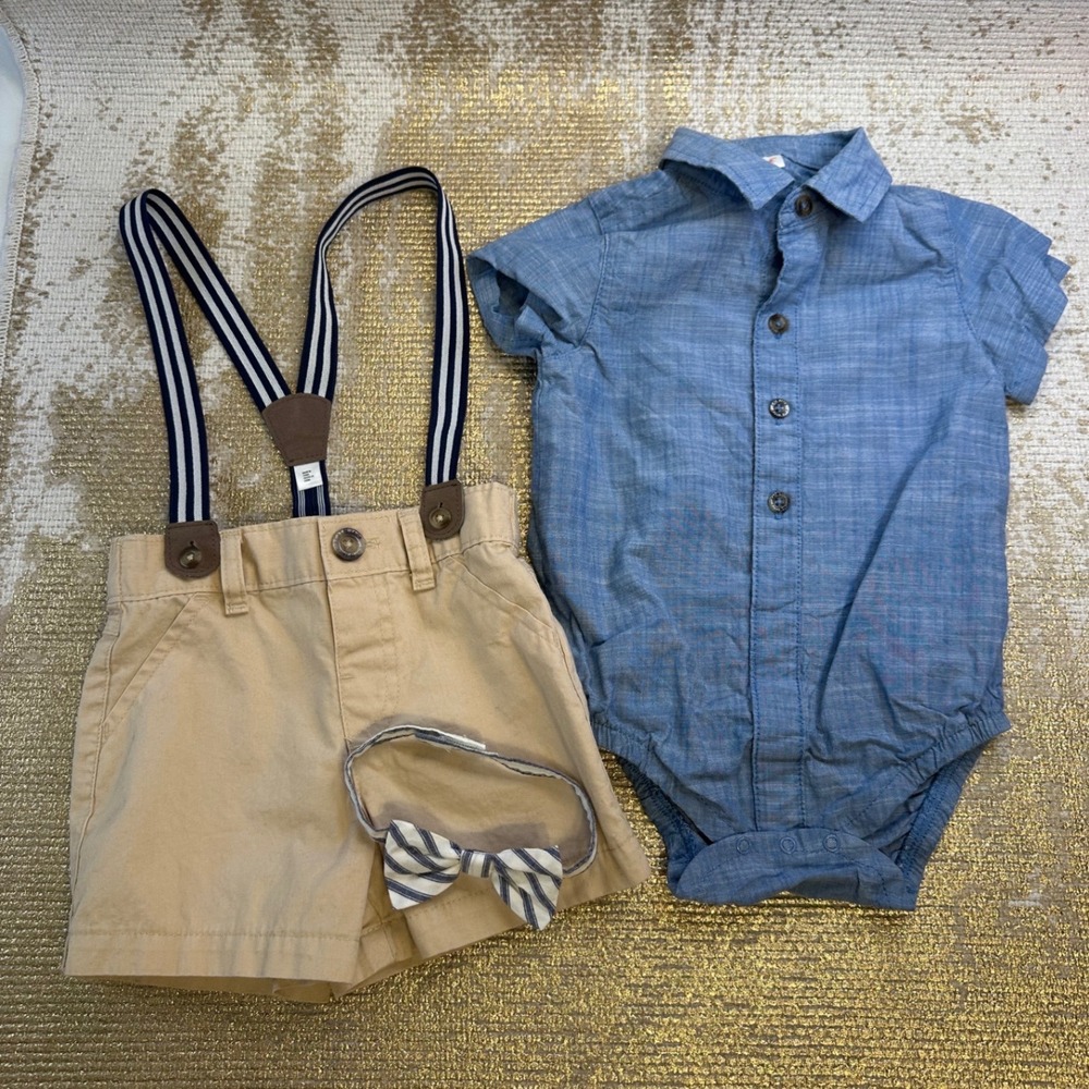 CAT & JACK Baby Boys Chambray Blue/Khaki Suspender Bow Tie Shorts Outfit 18M - Picture 6 of 7